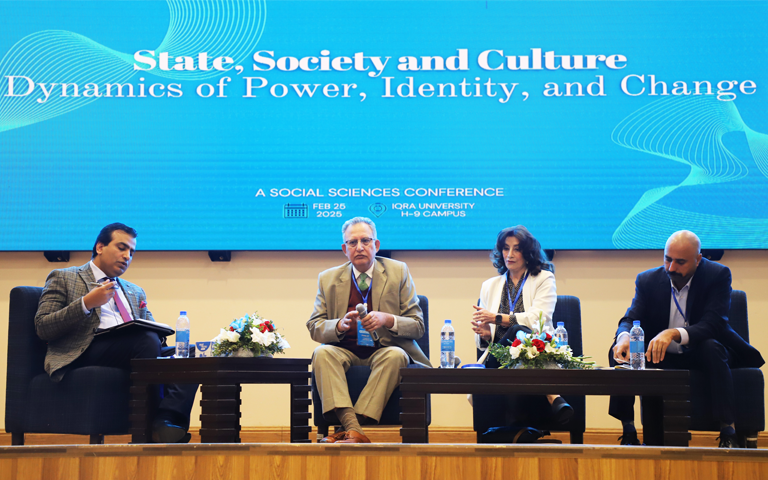Panellists Ms. Aisha Khan, Mr. Asif Turangzai, and Dr. Eatzaz Ahmad responding to questions posed by Moderator Dr. Mutee ul Rehman during the panel discussion on Climate Change and Sustainable Development: A Transition to a Green Economy.